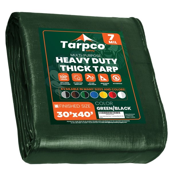 Tarpco Safety 40 ft L x 0.5 mm H x 30 ft W Heavy Duty 7 Mil Tarp, Green/Black, Polyethylene TS-203-30X40